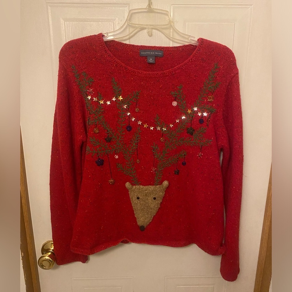 VTG Northern Isles Red Reindeer Embellished Crewneck Sweater